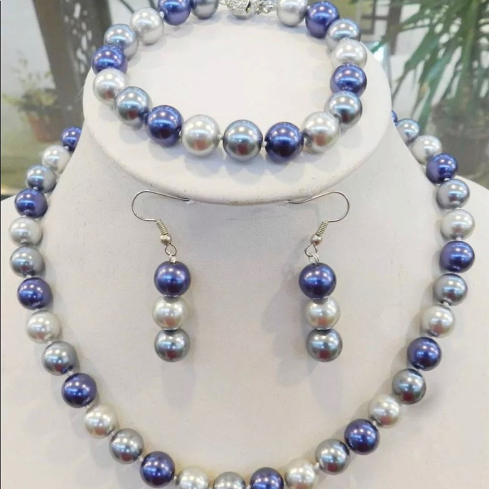 Blue/Gray/Gray 8MM Shell Pearl Necklace Bundle